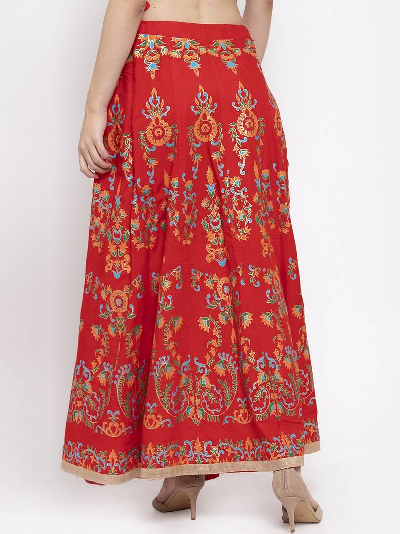 Women Red & Orange Printed Flared Maxi Skirt