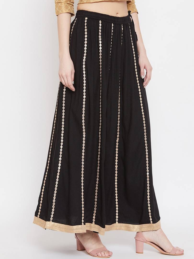 Women Black & Gold-Coloured Embellished Flared Maxi Skirt