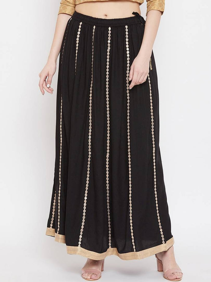 Women Black & Gold-Coloured Embellished Flared Maxi Skirt