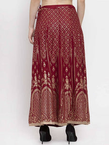 Women Maroon & Gold-Toned Printed Flared Maxi Skirt