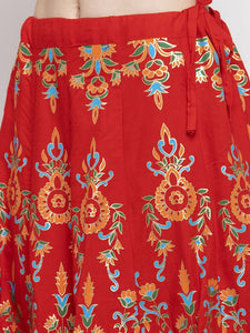 Women Red & Orange Printed Flared Maxi Skirt