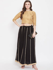 Women Black & Gold-Coloured Embellished Flared Maxi Skirt