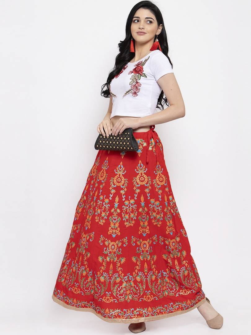 Women Red & Orange Printed Flared Maxi Skirt