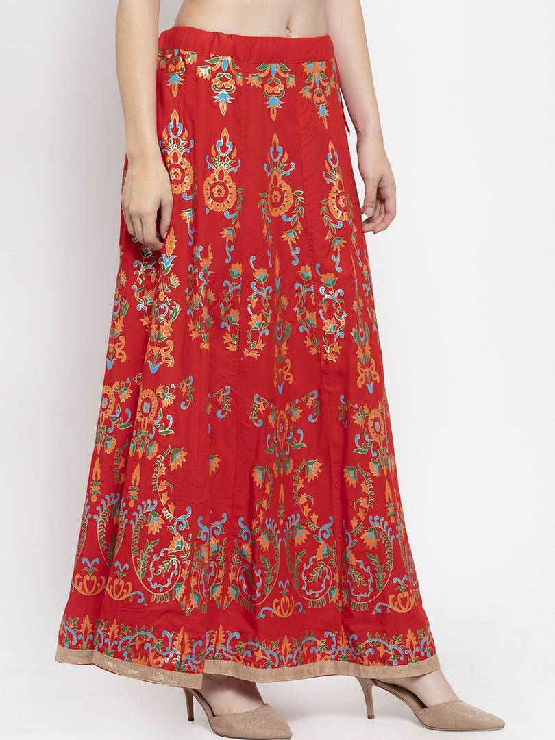 Women Red & Orange Printed Flared Maxi Skirt