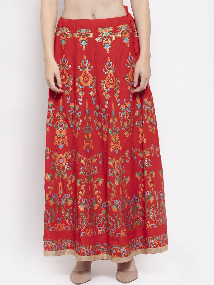 Women Red & Orange Printed Flared Maxi Skirt