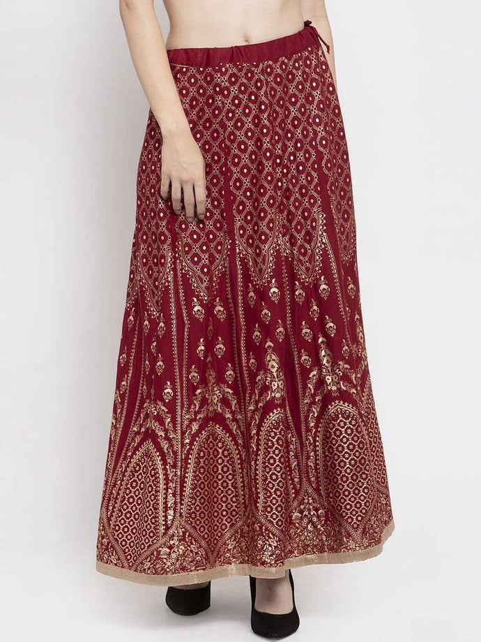 Women Maroon & Gold-Toned Printed Flared Maxi Skirt