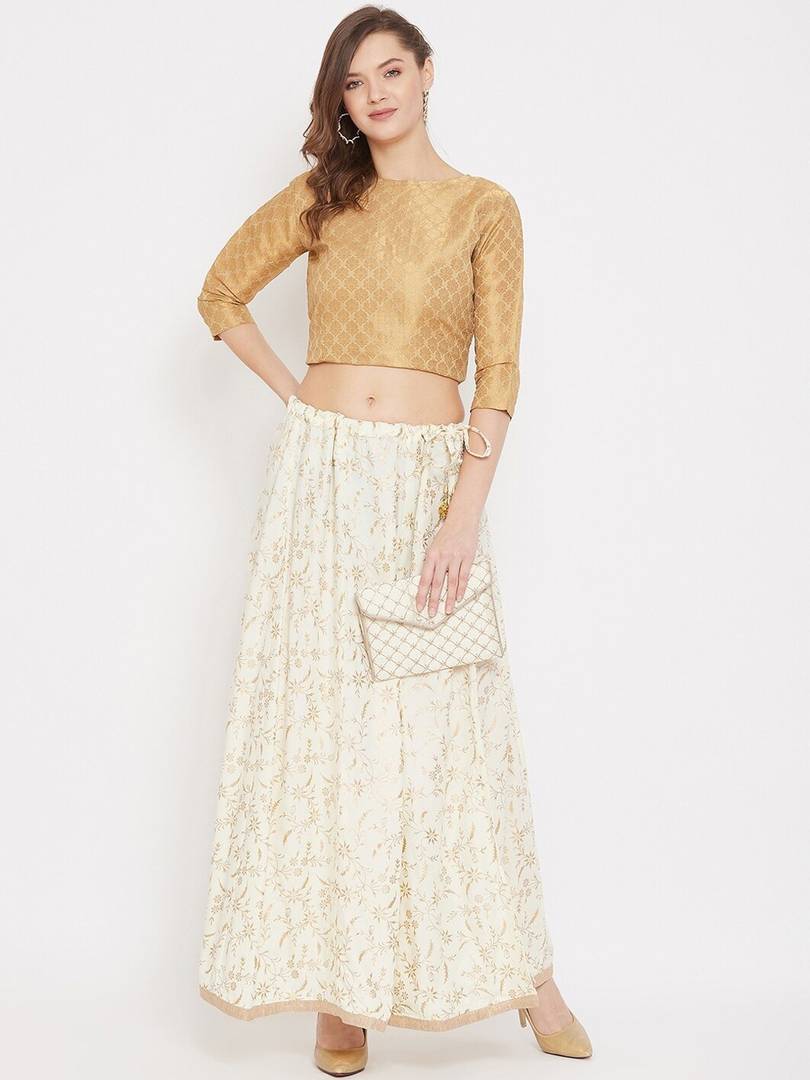 Women Cream-Coloured & Gold-Coloured Printed Flared Maxi Skirt