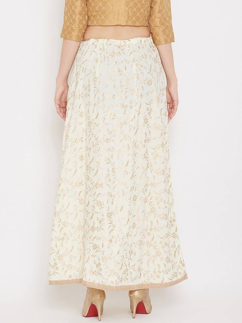 Women Cream-Coloured & Gold-Coloured Printed Flared Maxi Skirt