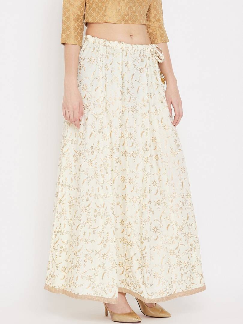 Women Cream-Coloured & Gold-Coloured Printed Flared Maxi Skirt