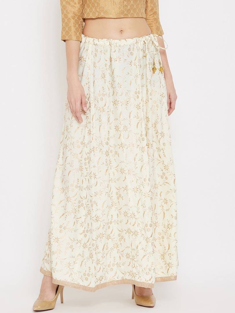 Women Cream-Coloured & Gold-Coloured Printed Flared Maxi Skirt