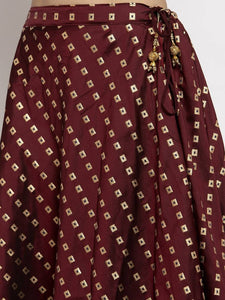 Women Burgundy & Gold-Coloured Printed Flared Maxi Skirt