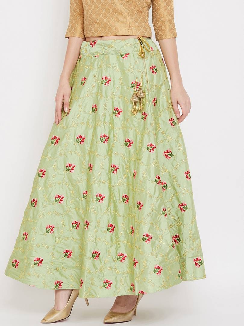 Women Green & Gold-Coloured Embroidered Flared Maxi Skirt