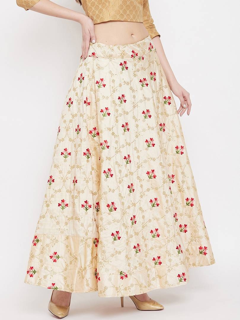 Women Beige & Red Floral Embroidered A-Line Maxi Skirt