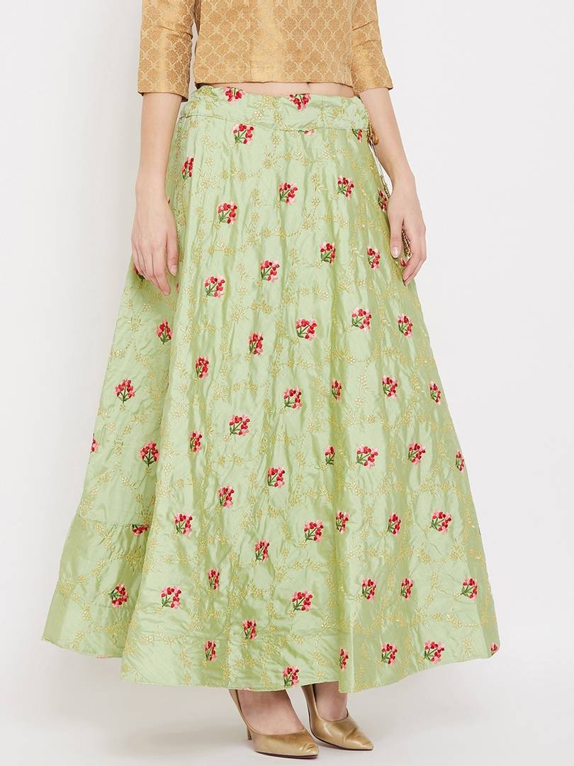 Women Green & Gold-Coloured Embroidered Flared Maxi Skirt