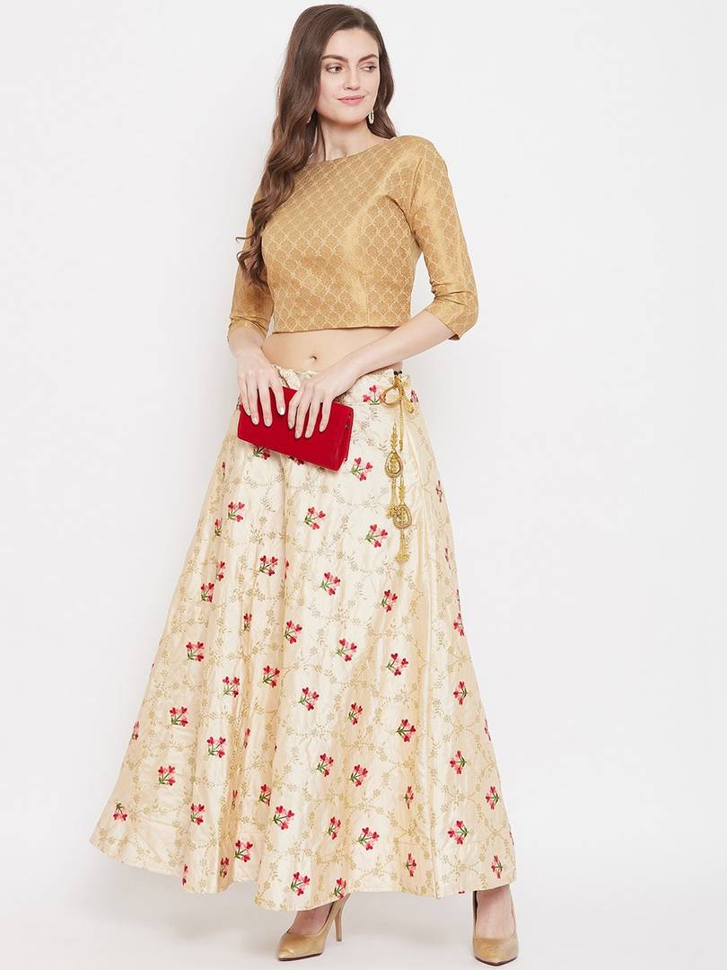 Women Beige & Red Floral Embroidered A-Line Maxi Skirt