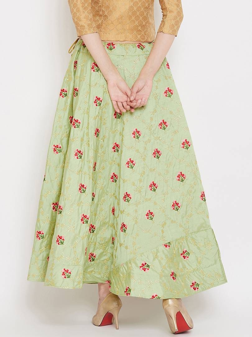 Women Green & Gold-Coloured Embroidered Flared Maxi Skirt