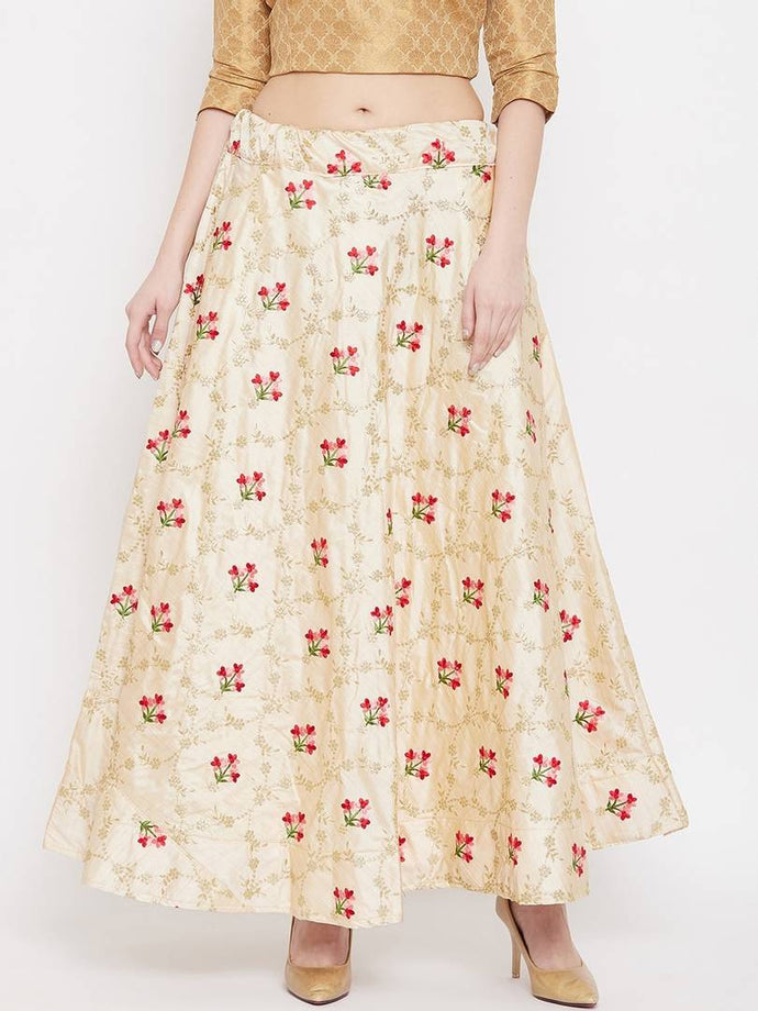 Women Beige & Red Floral Embroidered A-Line Maxi Skirt