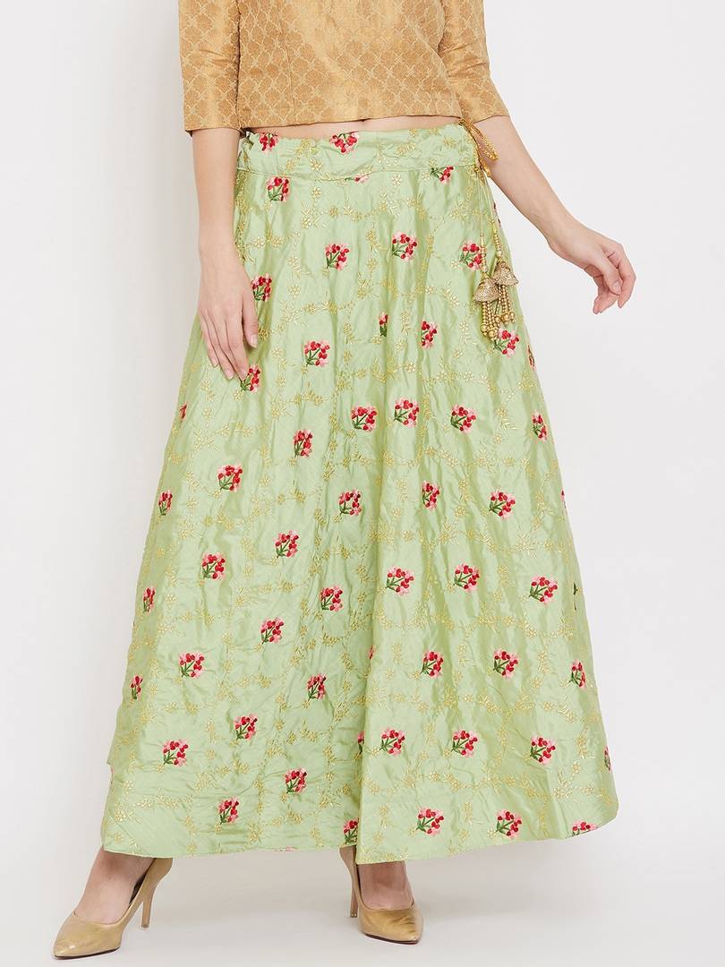 Women Green & Gold-Coloured Embroidered Flared Maxi Skirt