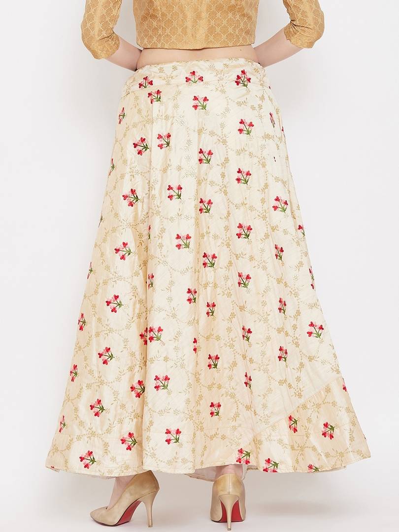 Women Beige & Red Floral Embroidered A-Line Maxi Skirt