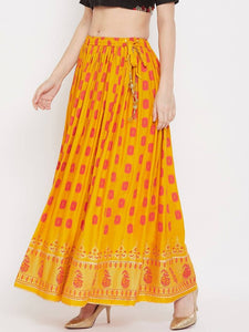 Women Mustard Yellow & Orange Ethnic Printed Flared Maxi Skirt