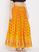 Load image into Gallery viewer, Women Mustard Yellow &amp; Orange Ethnic Printed Flared Maxi Skirt
