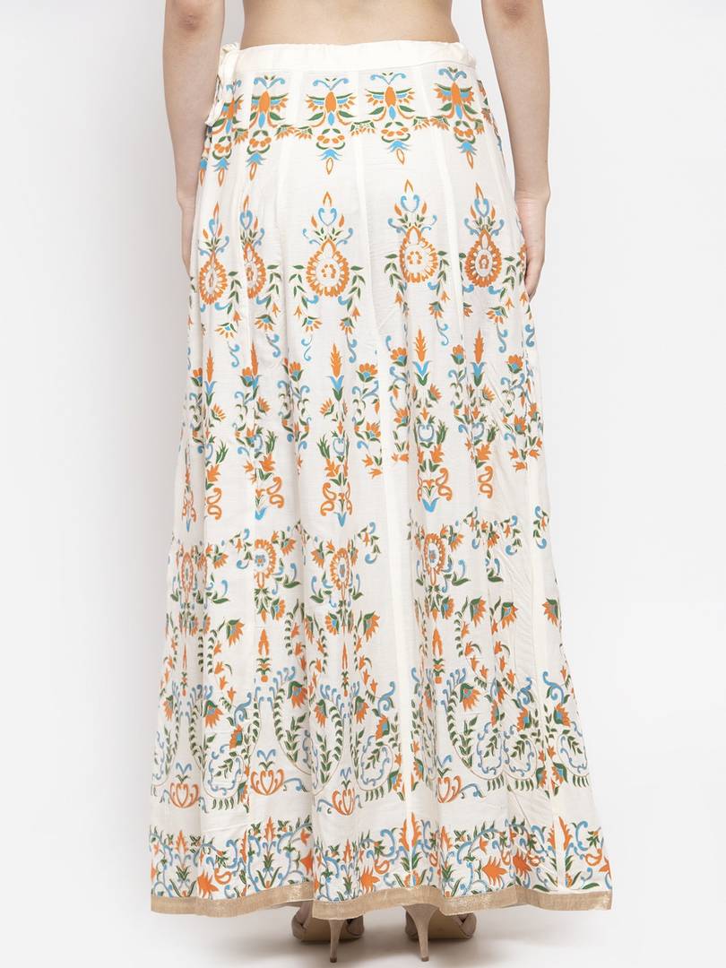 Women Off White & Orange Printed Flared Maxi Skirt