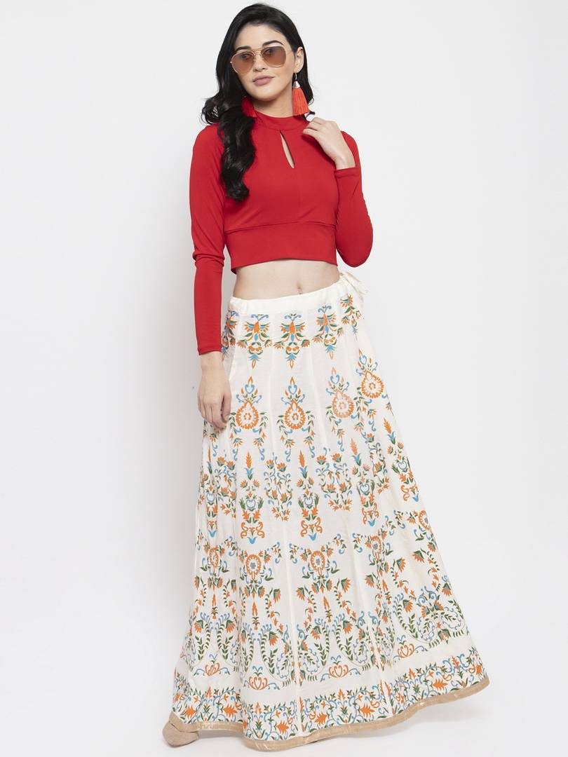 Women Off White & Orange Printed Flared Maxi Skirt