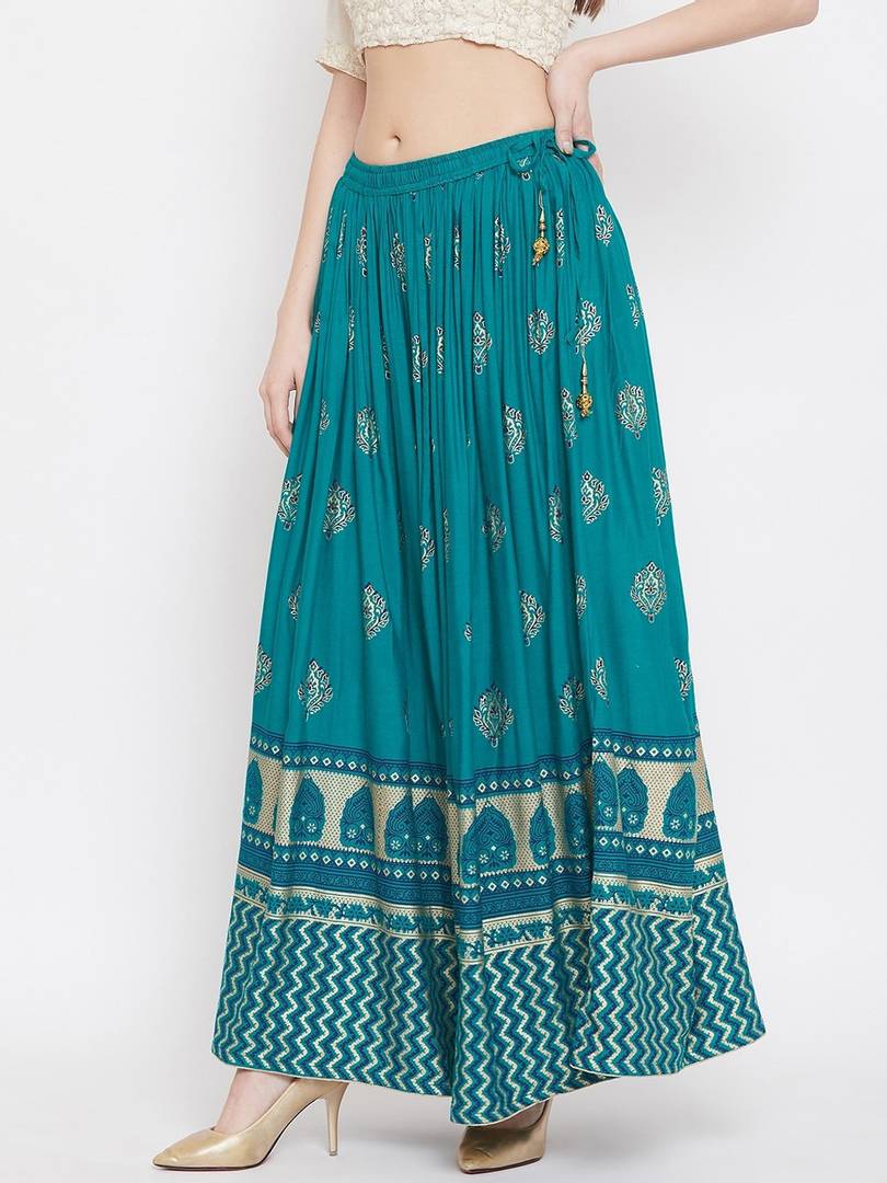 Women Teal Blue & Gold-Coloured Printed Flared Maxi Skirt