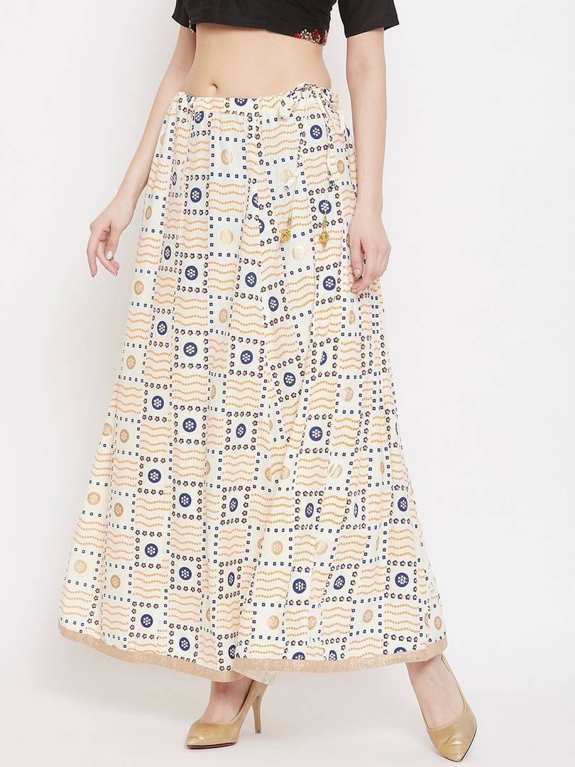 Women Cream-Color & Blue Printed Flared Maxi Skirt