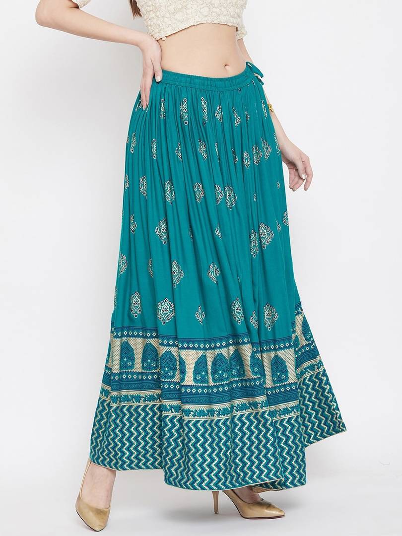 Women Teal Blue & Gold-Coloured Printed Flared Maxi Skirt