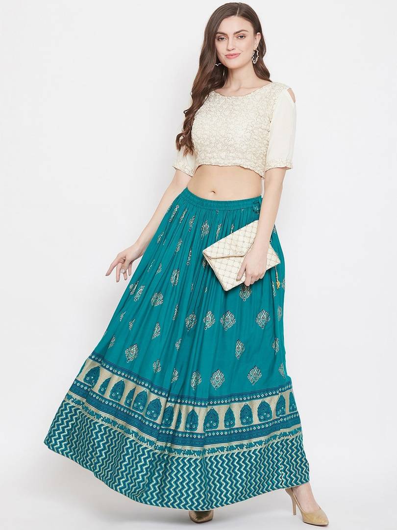 Women Teal Blue & Gold-Coloured Printed Flared Maxi Skirt