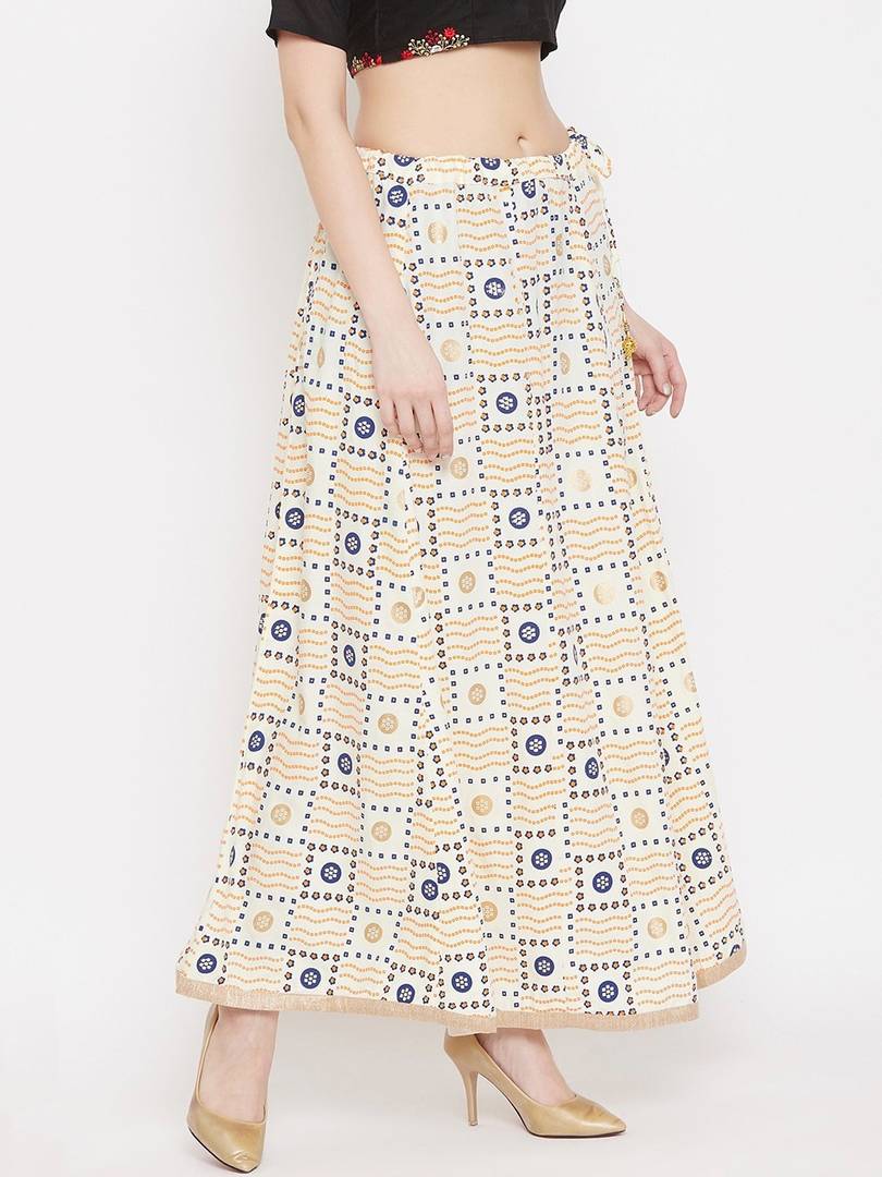 Women Cream-Color & Blue Printed Flared Maxi Skirt