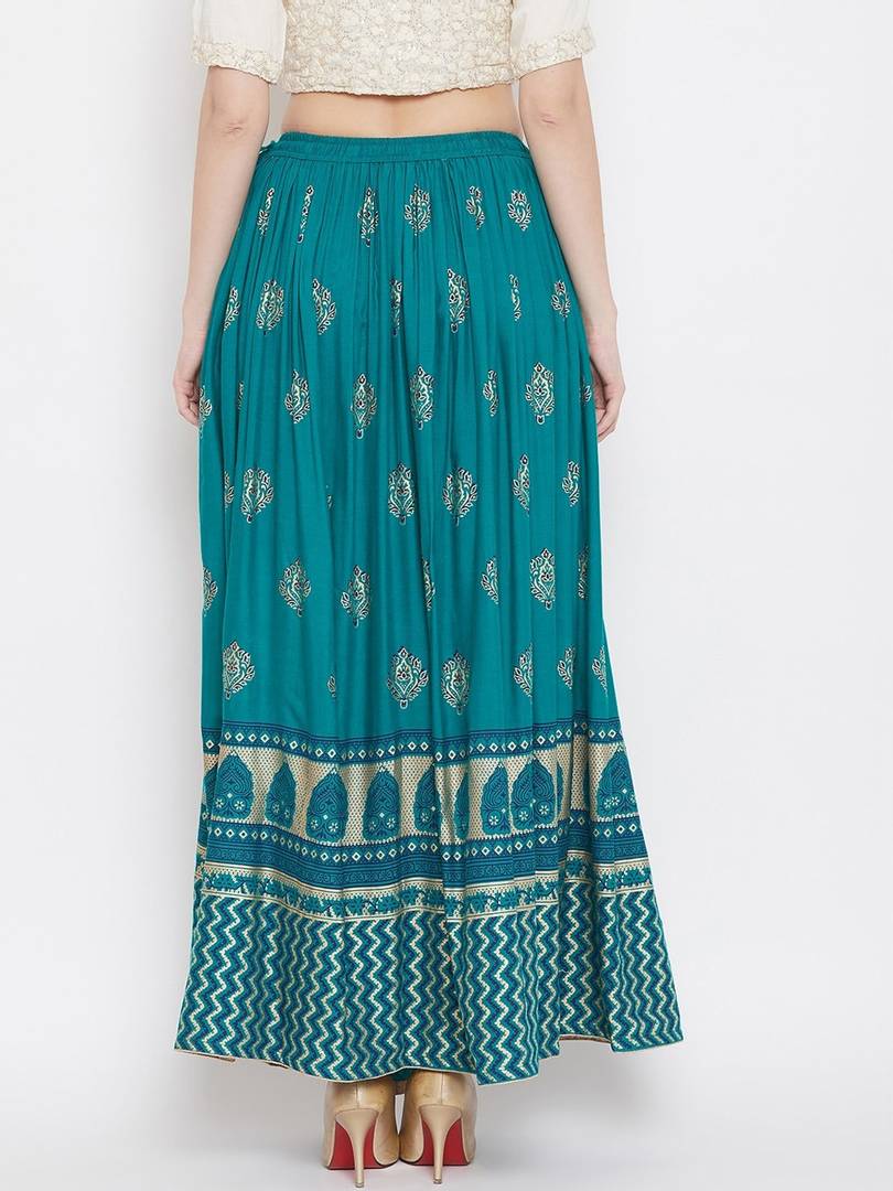 Women Teal Blue & Gold-Coloured Printed Flared Maxi Skirt