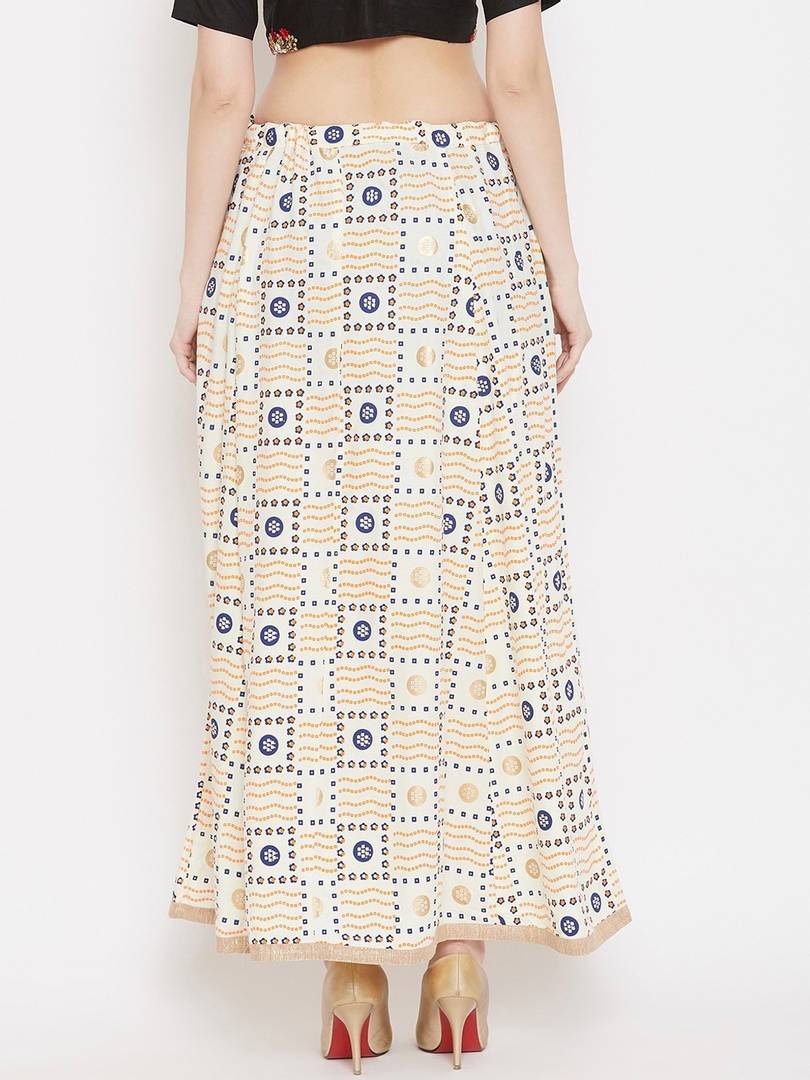 Women Cream-Color & Blue Printed Flared Maxi Skirt