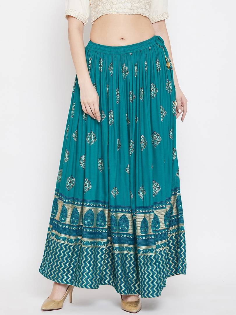 Women Teal Blue & Gold-Coloured Printed Flared Maxi Skirt