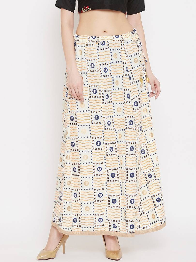 Women Cream-Color & Blue Printed Flared Maxi Skirt