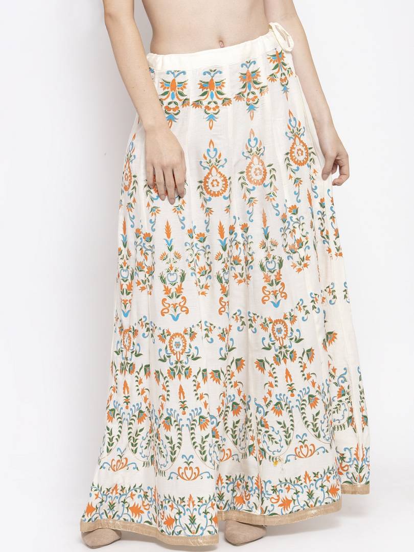 Women Off White & Orange Printed Flared Maxi Skirt