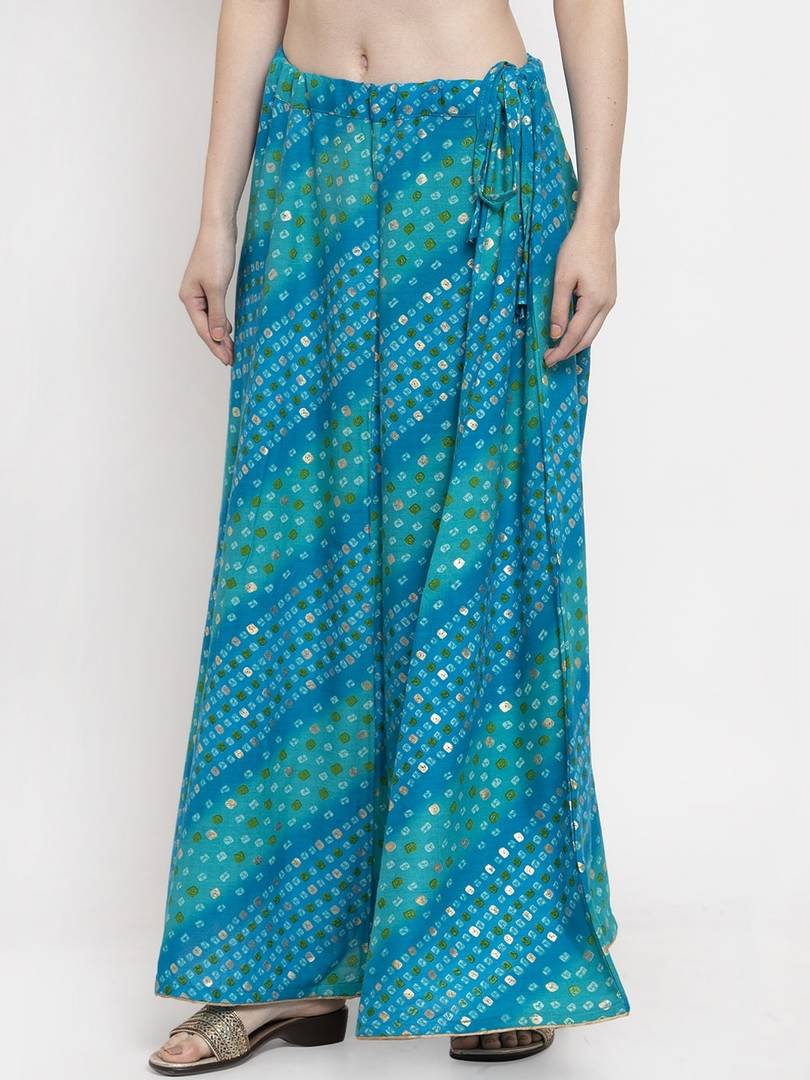 Women Blue & Green Printed Flared Maxi Skirt