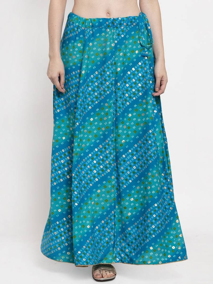 Women Blue & Green Printed Flared Maxi Skirt