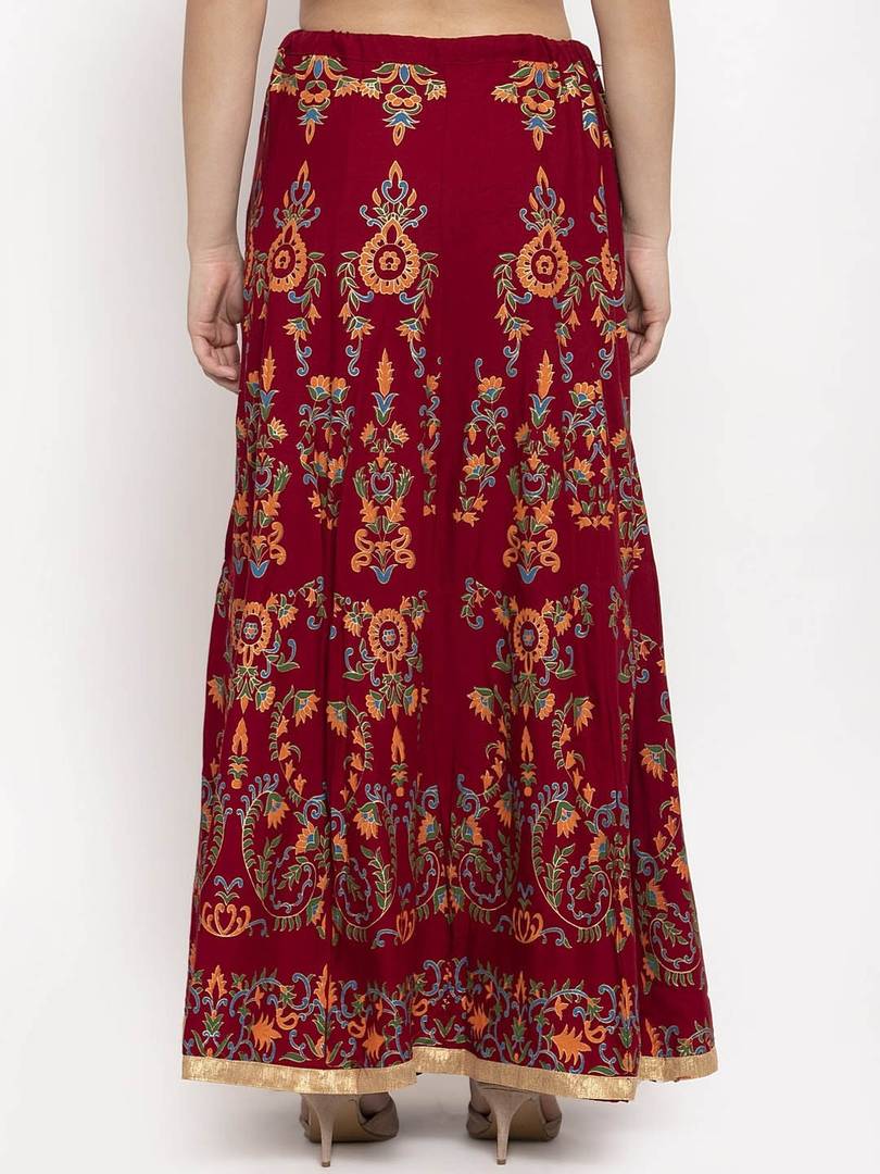 Women Maroon & Orange Printed Flared Maxi Skirt