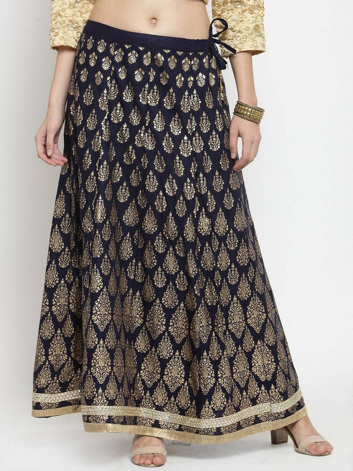 Women Navy Blue & Gold-Toned Printed Flared Maxi Skirt