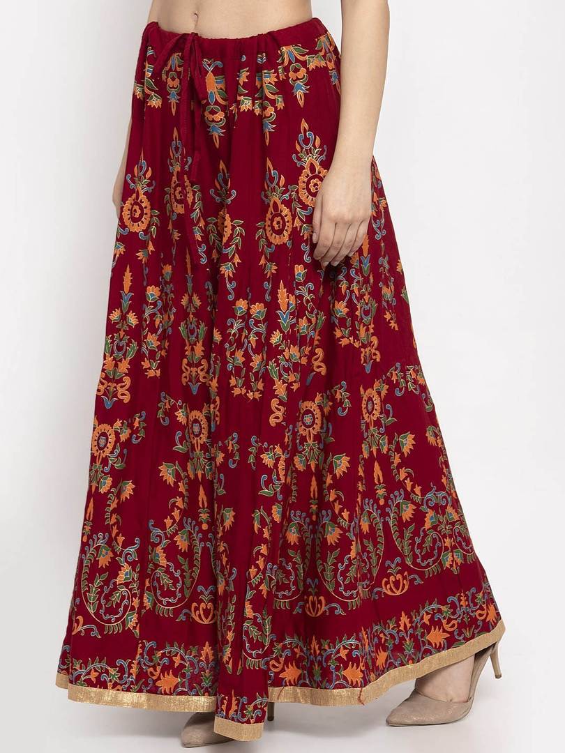 Women Maroon & Orange Printed Flared Maxi Skirt