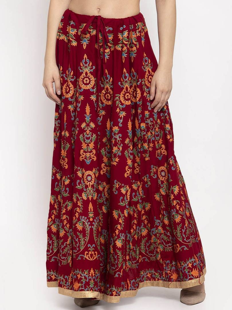 Women Maroon & Orange Printed Flared Maxi Skirt