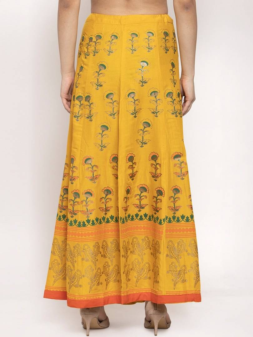 Women Mustard Yellow & Gold Floral Print Flared Maxi Skirt