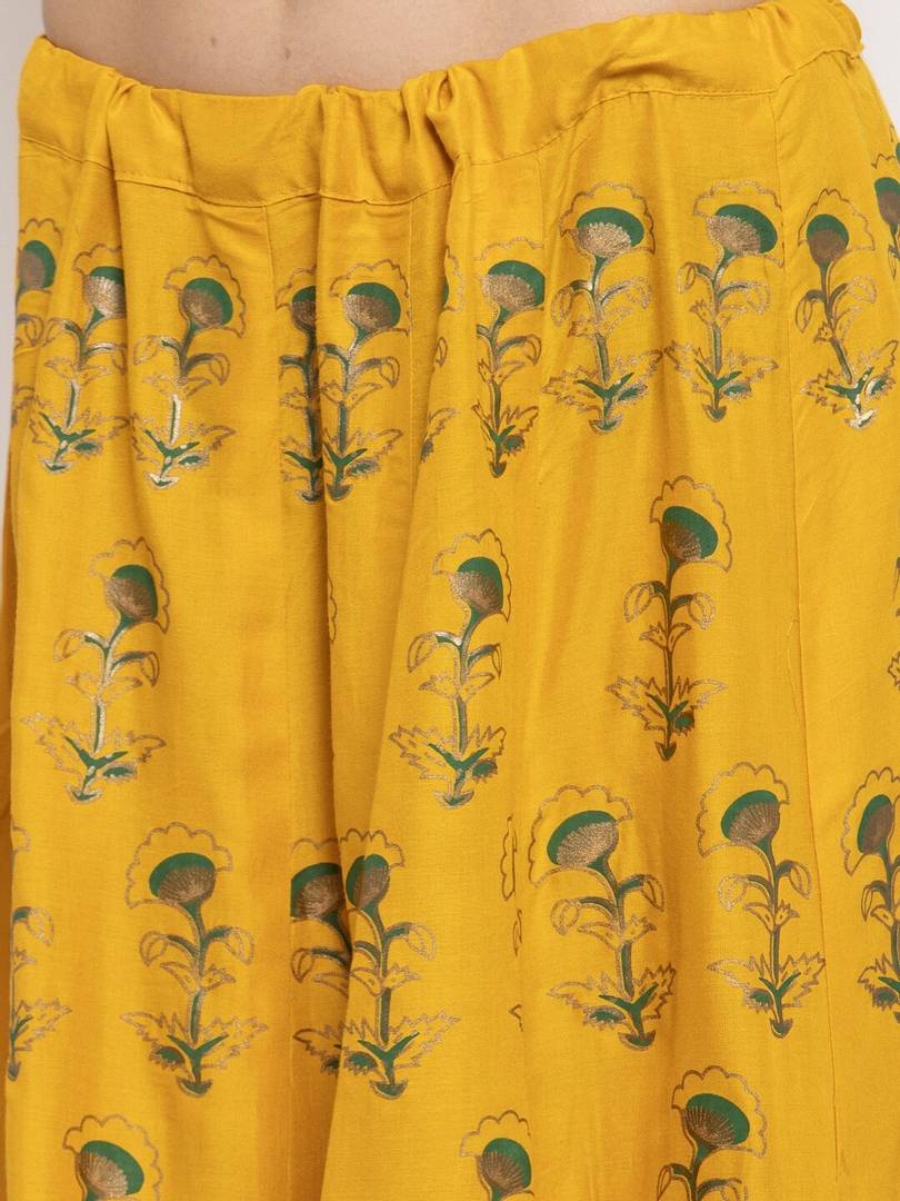 Women Mustard Yellow & Gold Floral Print Flared Maxi Skirt