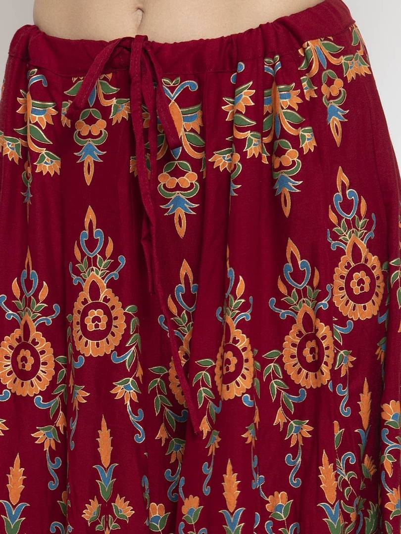 Women Maroon & Orange Printed Flared Maxi Skirt