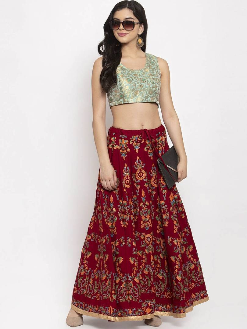 Women Maroon & Orange Printed Flared Maxi Skirt