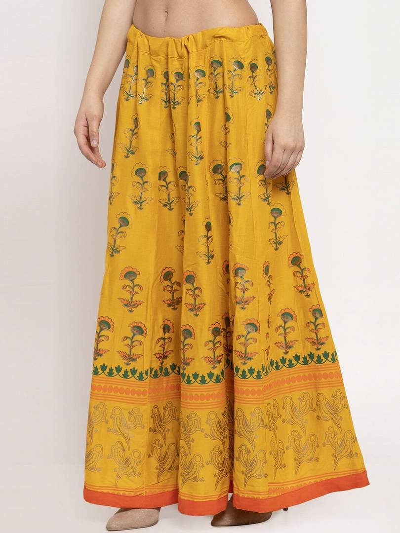 Women Mustard Yellow & Gold Floral Print Flared Maxi Skirt