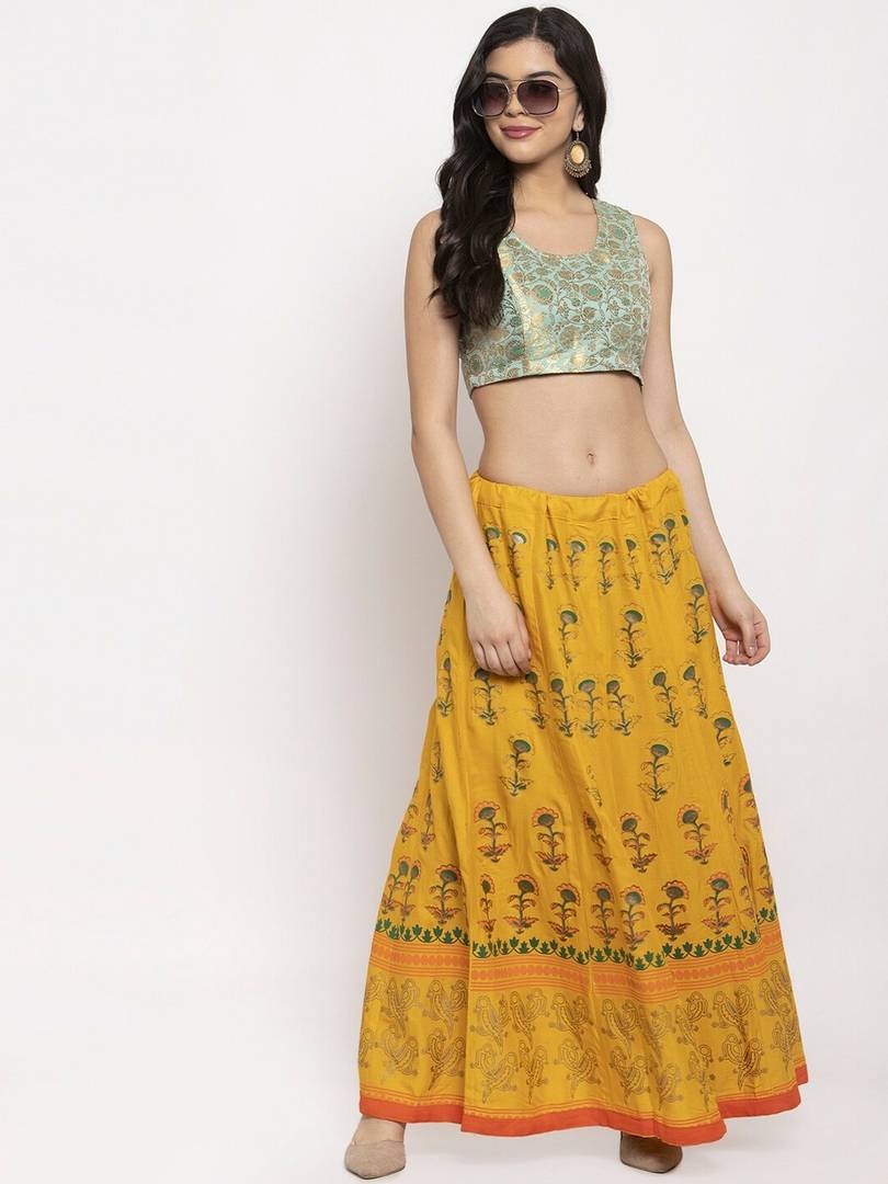 Women Mustard Yellow & Gold Floral Print Flared Maxi Skirt