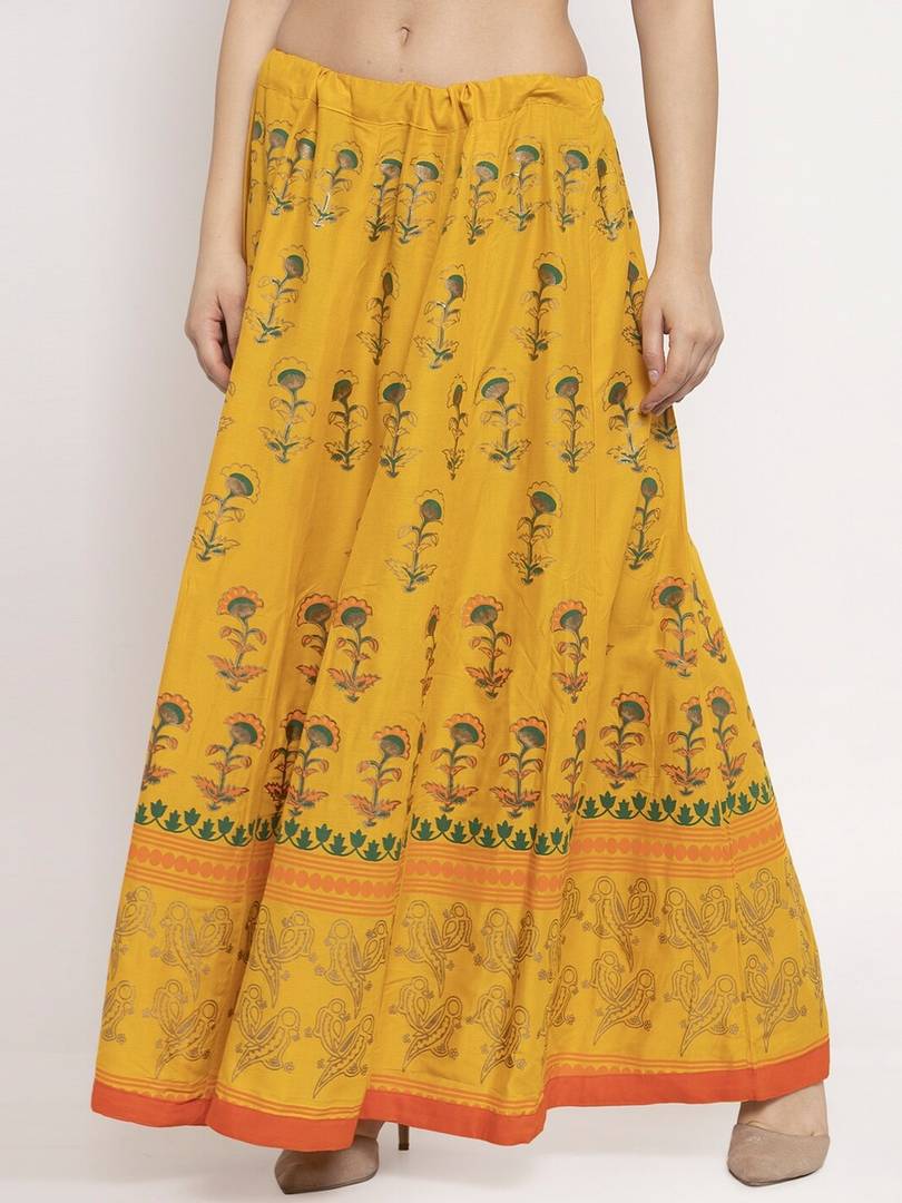 Women Mustard Yellow & Gold Floral Print Flared Maxi Skirt